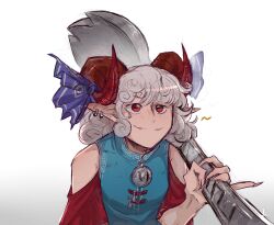 Rule 34 | 1girl, blue ribbon, closed mouth, commentary, curled horns, curly hair, earrings, fang, fangs, fingernails, grey hair, hair ribbon, highres, holding spork, horns, jewelry, long fingernails, medium hair, pointy ears, red eyes, red horns, red sleeves, ribbon, sleep (isliping), smile, solo, spork, touhou, toutetsu yuuma, upper body, white background