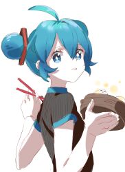 Rule 34 | absurdres, ahoge, alternate costume, alternate hairstyle, black dress, blue hair, china dress, chinese clothes, chopsticks, colored skin, diamond-shaped pupils, diamond (shape), double bun, dress, dumpling, food, hair bun, hair ornament, hands up, hatsune miku, highres, holding, holding chopsticks, holding tray, looking at viewer, parted lips, shisantian, short hair, short sleeves, simple background, sketch, striped clothes, symbol-shaped pupils, tray, vertical-striped clothes, vocaloid, white background, white skin