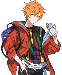 Rule 34 | 1boy, absurdres, black pants, black shirt, blonde hair, blue bag, bottle, closed mouth, highres, holding, holding bottle, hoshi-toge, jacket, looking at viewer, multicolored hair, orange jacket, pants, project sekai, shinonome akito, shirt, simple background, solo, streaked hair, water bottle, white background, yellow eyes