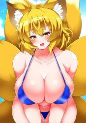 Rule 34 | 1girl, :d, animal ear fluff, animal ears, bikini, blonde hair, blue bikini, blush, breasts, cleavage, cowboy shot, day, fang, female focus, fox ears, fox tail, highres, large breasts, leaning forward, looking at viewer, matching hair/eyes, multiple tails, navel, no headwear, no headwear, open mouth, outdoors, short hair, skin fang, skindentation, sky, smile, solo, swimsuit, tail, touhou, yakumo ran, yellow eyes, ziogon