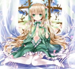 Rule 34 | 1girl, bad id, bad pixiv id, blonde hair, bow, curtains, dress, green dress, green eyes, green skirt, hair ribbon, long hair, looking at viewer, midriff, nanase nao, navel, no shoes, open clothes, open dress, original, ribbon, short sleeves, sitting, skirt, smile, solo, thighhighs, twintails, very long hair, wariza, white thighhighs, wide sleeves, window, zettai ryouiki