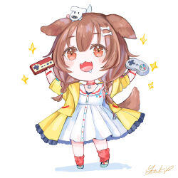 Rule 34 | 1girl, animal, animal collar, animal ears, animal on head, bone hair ornament, bone print, braid, brown eyes, brown hair, buttons, chibi, collar, contrapposto, controller, dog, dog ears, dog tail, dress, drooling, fangs, frilled jacket, frilled shirt collar, frills, game controller, hair between eyes, hair ornament, hairclip, hands up, highres, holding, holding controller, holding game controller, hololive, inugami korone, inugami korone (1st costume), jacket, looking at viewer, low twin braids, low twintails, on head, open clothes, open jacket, open mouth, pleated dress, raised eyebrows, red collar, short twintails, sidelocks, signature, simple background, sparkle, tail, tareme, twin braids, twintails, virtual youtuber, white background, white dress, yellow jacket, yutukicom