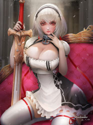 Rule 34 | 1girl, anchor, azur lane, blush, breasts, choker, cleavage, collarbone, couch, dated, dress, hair between eyes, hairband, highres, holding, holding sword, holding weapon, indoors, lace-trimmed hairband, lace trim, large breasts, light particles, looking at viewer, nail polish, puffy sleeves, red eyes, red lips, red nails, ribbon, ribbon-trimmed legwear, ribbon trim, seiza, short hair, short sleeves, sidelocks, signature, sirius (azur lane), sitting, skindentation, solo, sword, thighhighs, turewindwalker, underbust, weapon, white hair, white thighhighs