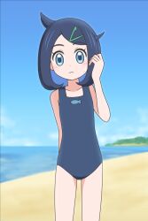 Rule 34 | 1girl, animal print, bare arms, black one-piece swimsuit, blush, closed mouth, collarbone, commentary request, cowboy shot, cowlick, creatures (company), day, eyelashes, fish print, flat chest, game freak, hair ornament, hairclip, hand up, highres, kato-shun, liko (pokemon), looking at viewer, nintendo, one-piece swimsuit, outdoors, pokemon, pokemon (anime), pokemon horizons, sand, school swimsuit, shore, solo, standing, sweatdrop, swimsuit, water
