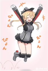 Rule 34 | +++, 1girl, ^ ^, ahenn, arms up, black skirt, black thighhighs, blonde hair, blush, breasts, clenched hands, closed eyes, full body, hair between eyes, hat, jumping, kantai collection, large breasts, long hair, long sleeves, low twintails, military, military uniform, open mouth, panties, peaked cap, pleated skirt, prinz eugen (kancolle), skirt, smile, solo, thighhighs, twintails, twitter username, underwear, uniform, white panties
