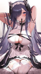 Rule 34 | 1girl, armpits, arms behind head, august von parseval (azur lane), august von parseval (the conquered unhulde) (azur lane), azur lane, blue eyes, blush, breasts, chest strap, cleavage cutout, clothes in mouth, clothing cutout, dress, frilled dress, frills, futon fly away, grey hair, hair over one eye, headband, highres, large breasts, long hair, maid, official alternate costume, solo, sweat, thighhighs, very long hair, white dress, white thighhighs