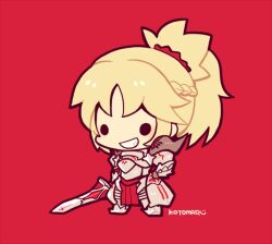 Rule 34 | 1girl, armor, blonde hair, blush, braid, fate/apocrypha, fate (series), full body, grin, holding, holding sword, holding weapon, kotorai, mordred (fate), mordred (fate/apocrypha), no nose, ponytail, red background, signature, smile, solid oval eyes, solo, standing, sword, weapon