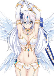 Rule 34 | 1girl, angel, angel wings, armpits, arms up, black heart (neptunia), blue eyes, blush, body blush, breasts, elbow gloves, flower, four goddesses online: cyber dimension neptune, garter straps, gloves, grey hair, hair flower, hair ornament, highres, long hair, looking at viewer, medium breasts, navel, neptune (series), smile, solo, symbol-shaped pupils, very long hair, wings, zatsu