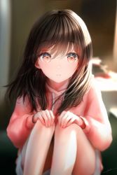 Rule 34 | 1girl, bad id, bad twitter id, blurry, blush, brown hair, commentary, earrings, hair between eyes, hands on own knees, highres, hood, hoodie, jewelry, looking at viewer, medium hair, ojay tkym, orange eyes, original, parted lips, pink hoodie, reflection, eye reflection, shadow, shorts, sitting, smile, solo, sunlight, symbol-only commentary, white shorts