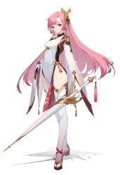 Rule 34 | 1girl, absurdres, breasts, dress, earrings, full body, gold trim, hair ornament, high heels, highres, holding, holding polearm, holding weapon, jewelry, lance, lance (lancelliu), long hair, long sleeves, looking at viewer, medium breasts, nail polish, no panties, original, pelvic curtain, pink hair, platform footwear, polearm, red eyes, simple background, solo, standing, tassel, thighhighs, thighs, toeless footwear, toeless legwear, weapon, white background, white dress, white thighhighs, wide sleeves