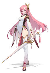 1girl absurdres breasts dress earrings full_body gold_trim hair_ornament high_heels highres holding holding_polearm holding_weapon jewelry lance lance_(lancelliu) long_hair long_sleeves looking_at_viewer medium_breasts nail_polish no_panties original pelvic_curtain pink_hair platform_footwear polearm red_eyes simple_background solo standing tassel thighhighs thighs toeless_footwear toeless_legwear weapon white_background white_dress white_thighhighs wide_sleeves