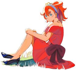 Rule 34 | 1girl, bare shoulders, black footwear, blue eyes, blue hairband, bow, closed mouth, dress, full body, grass, gundam, gundam suisei no majo, hair between eyes, hairband, hands on own knees, high heels, highres, knees up, long hair, looking at viewer, official alternate costume, official alternate hairstyle, purple bow, red dress, red hair, sitting, solo, strapless, strapless dress, suiseikaro, suletta mercury, thick eyebrows, tiara, waist bow