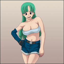 Rule 34 | 1girl, :d, alternate costume, aqua hair, arm at side, asymmetrical gloves, bare arms, bare legs, bare shoulders, belt, blue eyes, blue gloves, blue shorts, breasts, bulma, cleavage, clenched hand, collarbone, denim, denim shorts, dragon ball, elbow gloves, female focus, gloves, gradient background, grey background, hand on own hip, highres, large breasts, legs, long hair, looking at viewer, midriff, navel, neck, open mouth, rapanda, round teeth, shorts, single elbow glove, single glove, smile, solo, standing, strapless, teeth, tube top, uneven gloves, white tube top