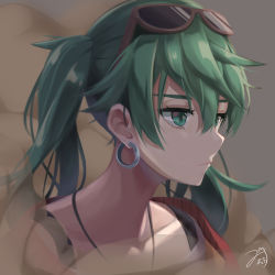 Rule 34 | 1girl, absurdres, earrings, eyewear on head, green eyes, green hair, hatsune miku, highres, jewelry, md5 mismatch, mirea, necklace, resolution mismatch, solo, source smaller, suna no wakusei (vocaloid), sunglasses, twintails, vocaloid
