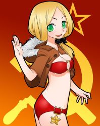 Rule 34 | 1girl, :d, ass, badge, bandeau, bikini, bikini under clothes, blonde hair, breasts, buckle, buttons, cleavage, coat, cowboy shot, crop top, from side, fur trim, gradient background, green eyes, hair over shoulder, hammer and sickle, hirai yukio, hood, hood down, jpeg artifacts, long hair, looking at viewer, looking back, low ponytail, milihime taisen, o-ring, o-ring bikini, o-ring top, open clothes, open coat, open mouth, red bikini, scrunchie, side ponytail, smile, solo, star (symbol), swimsuit, swimsuit under clothes, unbuttoned, underboob, waving, zaytsev (milihime taisen)