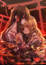 Rule 34 | 2girls, :d, blonde hair, blush, brown eyes, brown hair, bruise, bruised eye, closed mouth, collarbone, commentary request, flower, hair between eyes, hair tubes, hakurei reimu, hand on another&#039;s head, holding hands, injury, interlocked fingers, japanese clothes, kimono, kirisame marisa, long hair, multiple girls, off shoulder, open mouth, partially submerged, piyokichi, red eyes, red flower, ribbon trim, smile, string, string of fate, torii, touhou, very long hair, water, white kimono