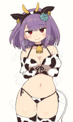 Rule 34 | 1girl, animal ears, animal print, bell, bikini, breasts, cleavage, clover hair ornament, cow print, cow tail, cowbell, cowboy shot, crossed arms, elbow gloves, fake animal ears, fake horns, gloves, hair ornament, highres, horns, medium breasts, neck bell, original, purple hair, red eyes, short hair, simoyuki, simple background, solo, steaming body, sweat, swimsuit, symbol-only commentary, tail, thighhighs, wavy mouth, white background, wide hips