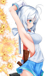Rule 34 | .live, 1girl, ak-47, antenna hair, arm up, armpits, assault rifle, backless outfit, blue eyes, blue skirt, blush, breasts, closed mouth, commentary request, explosion, from side, gloves, grey sweater, gun, holding, holding gun, holding weapon, kalashnikov rifle, large breasts, meme attire, profile, rifle, shirosuzu, silver hair, dennou shoujo siro, skirt, smile, solo, sweater, virgin killer sweater, virtual youtuber, weapon, white background, white gloves