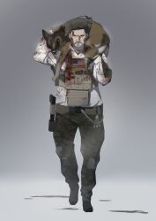Rule 34 | 1boy, american flag, beard, black eyes, black hair, blood, blood on clothes, blood on face, brown gloves, camouflage, camouflage pants, carrying, cerberus (seal team), closed mouth, dog, facial hair, full body, furrowed brow, german shepherd, gloves, glowstick, highres, holstered, jacket, jason hayes, knee pads, load bearing vest, long sleeves, looking at viewer, magazine (weapon), male focus, military, military operator, pants, pen guin15, seal team (series), seal team six, short hair, simple background, solo, suppressor, white jacket