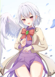 Rule 34 | 1girl, :d, absurdres, bow, bowtie, braid, breasts, cowboy shot, dress, feathered wings, french braid, highres, kishin sagume, long sleeves, looking at viewer, niko kusa, open mouth, purple dress, short hair, single wing, smile, solo, thighs, touhou, wings