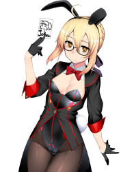 Rule 34 | 1girl, ahoge, animal ears, artoria pendragon (fate), blonde hair, blush, bow, bowtie, braid, breasts, card, commentary request, detached collar, fake animal ears, fate/grand order, fate (series), glasses, hair between eyes, holding, jacket, joker (playing card), leotard, looking at viewer, mysterious heroine x alter (fate), namonashi, pantyhose, playboy bunny, playing card, rabbit ears, semi-rimless eyewear, small breasts, solo, yellow eyes