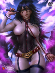 Rule 34 | 10s, 1girl, artist name, belt, belt buckle, black hair, blue eyes, blue sky, blush, bodysuit, boku no hero academia, breasts, buckle, cowboy shot, cuffs, day, dominatrix, domino mask, facing viewer, framed breasts, garter straps, gold trim, hair between eyes, hand up, handcuffs, haze, highres, holding, holding whip, impossible bodysuit, impossible clothes, large breasts, legs together, leotard, lips, logan cure, long hair, looking at viewer, mask, midnight (boku no hero academia), mole, mole under eye, nail polish, outdoors, parted lips, patreon username, purple background, realistic, skin tight, sky, smile, solo, spiked hair, standing, sun, teacher, teeth, thigh gap, thighhighs, torn bodysuit, torn clothes, very long hair, whip
