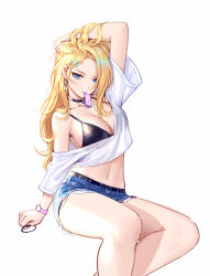 Rule 34 | 1girl, arm up, armpits, bare shoulders, black bra, black choker, blonde hair, blue eyes, blue shorts, bra, breasts, choker, cleavage, crop top, crop top overhang, cutoffs, denim, denim shorts, earrings, highres, invisible chair, jewelry, large breasts, long hair, looking at viewer, micro shorts, midriff, mouth hold, nail polish, navel, off-shoulder shirt, off shoulder, original, shirt, short shorts, short sleeves, shorts, simple background, sitting, siun, solo, stomach, string bra, thighs, underwear, watch, white background, white shirt, wristwatch
