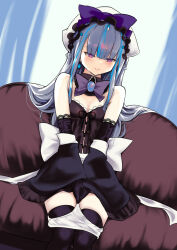 Rule 34 | 1girl, blue hair, blunt bangs, breasts, commentary request, culter, detached collar, detached sleeves, gothic lolita, grey hair, lolita fashion, long hair, maid, maid headdress, multicolored hair, original, panties, panty pull, purple eyes, sidelocks, sitting, small breasts, smile, solo, streaked hair, thighhighs, two-tone hair, underwear, white panties