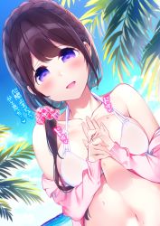 Rule 34 | 1girl, :d, bikini, blue sky, braid, breasts, brown hair, chikuwa., cloud, collarbone, commentary request, crown braid, day, disembodied limb, hair ornament, hair scrunchie, highres, hand grab, horizon, jacket, large breasts, long hair, marine day, navel, ocean, off shoulder, open clothes, open jacket, open mouth, original, outdoors, palm tree, pink jacket, pink scrunchie, plaid, plaid scrunchie, purple eyes, scrunchie, sky, smile, solo focus, swimsuit, translation request, tree, upper body, water, wet, white bikini