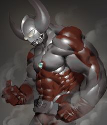 Rule 34 | 1boy, abs, alien, bara, belt, belt buckle, buckle, clenched hands, father of ultra, fighting stance, giant, gloves, highres, horns, long horns, male focus, manly, mature male, muscular, muscular male, nicholas f, red gloves, smoke, steam, steaming body, tokusatsu, ultra series, ultraman ace (series)