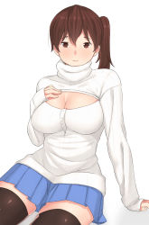 Rule 34 | 10s, 1girl, arm support, black thighhighs, blue skirt, breasts, brown eyes, brown hair, cleavage, cleavage cutout, clothing cutout, female focus, franham, hand on own chest, kaga (kancolle), kantai collection, large breasts, light smile, long hair, long sleeves, looking at viewer, meme attire, miniskirt, open-chest sweater, pleated skirt, ribbed sweater, side ponytail, simple background, sitting, skirt, sleeves past wrists, smile, solo, sweater, thighhighs, turtleneck, white background