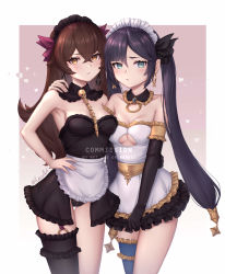 Rule 34 | 2girls, :/, absurdres, alternate costume, amber (genshin impact), apron, arm garter, armpits, bare arms, bare shoulders, black collar, black dress, black gloves, black hair, black hairband, black thighhighs, blue thighhighs, blush, breasts, bridal garter, brown eyes, brown hair, cleavage, clothing cutout, collar, commentary, commission, cowboy shot, crossed bangs, detached collar, dress, earrings, elbow gloves, english commentary, english text, enmaided, ereshkigal (fate), fate/grand order, fate (series), frilled collar, frilled hairband, frills, garter straps, genshin impact, gloves, gradient background, green eyes, hairband, hand around neck, hand on own hip, heart, highres, hoop earrings, ishtar (fate), jewelry, lesu, long hair, maid, maid apron, maid headdress, mona (genshin impact), multiple girls, o-ring, ponytail holder, sidelocks, single thighhigh, skull, small breasts, strapless, strapless dress, swept bangs, thighhighs, twintails, twitter username, two-tone background, waist apron, watermark, white apron, white background, white hairband