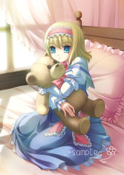 Rule 34 | 1girl, alice margatroid, bed, blonde hair, blue eyes, capelet, doll, hugging doll, female focus, frilled pillow, frills, hairband, hugging object, pillow, short hair, solo, stuffed animal, stuffed toy, takatsukasa yue, teddy bear, touhou