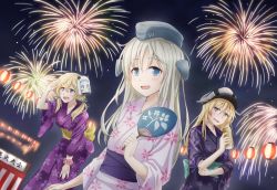 Rule 34 | 10s, 3girls, alcohol, anti (untea9), beer, beer can, bismarck (kancolle), blonde hair, blue eyes, blush, breasts, can, character mask, drink can, festival, fireworks, garrison cap, gradient background, hand fan, hat, japanese clothes, kantai collection, kimono, lantern, long hair, mask, multiple girls, northern ocean princess, open mouth, paper fan, paper lantern, prinz eugen (kancolle), summer festival, twintails, u-511 (kancolle), uchiwa, yukata