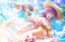 Rule 34 | ;d, beach, bikini, blue sky, bow, bow bikini, breasts, cleavage, cloud, collarbone, dutch angle, firing, floral print, floral print bikini, flower, frilled bikini, frills, game cg, green eyes, hair flower, hair ornament, hat, hibiscus print, highres, holding, holding water gun, jacket, jacket over swimsuit, link! like! love live!, long hair, long sleeves, love live!, low ponytail, medium breasts, navel, official art, one eye closed, open clothes, open jacket, open mouth, otomune kozue, pink bikini, pink flower, pink sarong, purple hair, see-through, see-through jacket, sidelocks, sky, smile, splash!!!! (love live!), stomach, straw hat, swimsuit, teeth, third-party source, upper teeth only, virtual youtuber, water, water drop, water gun, yellow bow