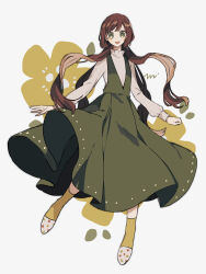 Rule 34 | 1girl, :d, brown hair, dress, full body, green dress, green eyes, highres, long hair, long sleeves, looking at viewer, low twintails, maco22, open mouth, orange socks, original, shirt, simple background, sleeveless, sleeveless dress, slippers, smile, socks, solo, sweater, turtleneck, twintails, very long hair, white background, white shirt, white sweater, yellow socks