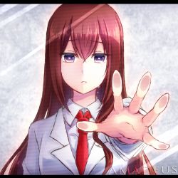 Rule 34 | 1girl, blue eyes, brown hair, character name, collared shirt, crying, crying with eyes open, hair between eyes, highres, lab coat, letterboxed, long hair, looking at viewer, makise kurisu, necktie, nishijou myu, reaching, reaching towards viewer, red necktie, shirt, solo, steins;gate, straight hair, tears, very long hair, white shirt, wing collar