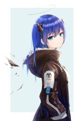 Rule 34 | 1girl, arknights, artist name, black jacket, blue background, blue eyes, blue hair, breasts, closed mouth, commentary, cowboy shot, cursive, demon horns, detached wings, english text, from side, fur-trimmed hood, fur trim, hair between eyes, halo, hand in pocket, highres, hood, hooded jacket, horns, jacket, leria v, long hair, looking at viewer, medium breasts, mostima (arknights), open clothes, open jacket, profile, shirt, signature, simple background, smile, solo, straight hair, symbol-only commentary, unzipped, white shirt, wings