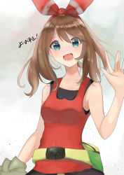 Rule 34 | 1girl, :d, absurdres, blue eyes, bow, breasts, brown hair, collarbone, covered navel, creatures (company), floating hair, game freak, hair between eyes, hair bow, hairband, highres, jyu gorilla, long hair, looking at viewer, may (pokemon), medium breasts, nintendo, open mouth, pokemon, pokemon oras, red bow, red hairband, red shirt, shirt, sleeveless, sleeveless shirt, smile, solo, upper body, white background