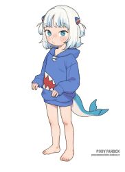 Rule 34 | 1girl, absurdres, bare legs, blue eyes, blue hoodie, blush, child, closed mouth, feet, fins, fish tail, full body, gawr gura, gawr gura (1st costume), hair ornament, highres, hololive, hololive english, hood, hoodie, looking at viewer, opossumachine, shark hair ornament, shark tail, simple background, solo, standing, tail, virtual youtuber, white background, white hair