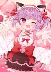 Rule 34 | 1girl, :3, :d, animal ears, auroralivevr, balloon, blush, bow, cake, cat ears, cat girl, chocolate cake, choker, confetti, couch, doily, fang, flower, food, frilled sleeves, frills, hair ornament, hair ribbon, hairband, hanekawa rune, happy birthday, heart balloon, lolita hairband, nanase (ribonshitoron), one eye closed, open mouth, outstretched arms, pink eyes, purple hair, ribbon, rose, short hair, short sleeves, sitting, smile, solo, table, thick eyebrows, twintails, virtual youtuber, x hair ornament