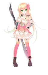 Rule 34 | 1girl, arikawa satoru, blonde hair, bow, brown footwear, choker, double-blade, fingerless gloves, flower knight girl, frilled skirt, frills, full body, gloves, green eyes, hair bow, hand on own hip, long hair, looking at viewer, official art, pink bow, pink thighhighs, ryuzetsuran (flower knight girl), shoes, skirt, smile, solo, standing, thigh strap, thighhighs, white skirt