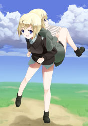 Rule 34 | 2girls, back-to-back, blonde hair, blue eyes, book, cloud, day, erica hartmann, glasses, hide 0, highres, lifting person, locked arms, looking at viewer, multiple girls, short hair, siblings, sisters, sky, smile, strike witches, strike witches: suomus misfits squadron, twins, uniform, ursula hartmann, world witches series