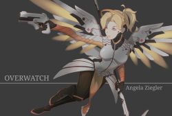 Rule 34 | 1girl, absurdres, aiming, armor, blonde hair, blue eyes, bodysuit, breasts, brown pantyhose, character name, copyright name, dual wielding, faulds, finger on trigger, full body, glowing, glowing wings, greaves, grey background, gun, hair tie, halo, handgun, high ponytail, highres, holding, holding gun, holding staff, holding weapon, looking to the side, mechanical halo, mechanical wings, medium breasts, mercy (overwatch), outstretched arm, overwatch, overwatch 1, pantyhose, pelvic curtain, pistol, simple background, solo, spread wings, staff, weapon, wings, yellow wings, zuosi zhichu