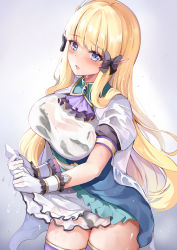 Rule 34 | 1girl, ascot, black bow, blonde hair, blue dress, blue eyes, blush, bow, bralines, breasts, brooch, cape, dress, elf, gloves, hair bow, highres, jewelry, konka, large breasts, long hair, looking at viewer, open mouth, pointy ears, princess connect!, saren (princess connect!), sidelocks, solo, thighhighs, underbust, wet, wet clothes, white cape, white gloves