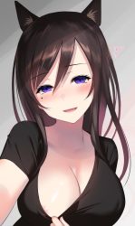 Rule 34 | 1girl, animal ears, areola slip, black shirt, blouse, blush, breasts, brown hair, cat, cat ears, cleavage, clothes pull, head tilt, highres, kakaon, large breasts, long hair, looking at viewer, mole, mole under eye, no bra, open mouth, pulled by self, purple eyes, shirt, smile, solo, swept bangs, upper body