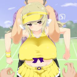 Rule 34 | 1boy, 1girl, :t, alternate breast size, alternate costume, angry, armlock, armpits, arms at sides, bea (bropmlk), belt, black pants, blonde hair, blush, breasts, closed mouth, collarbone, commission, covered erect nipples, crop top, faceless, faceless male, field, frilled skirt, frills, grabbing, grabbing from behind, highres, huge breasts, impossible clothes, impossible shirt, kafuru (senran kagura), long hair, midriff, navel, outdoors, pants, pleated skirt, pout, pov, pov hands, puffy nipples, purple eyes, purple shirt, restrained, senran kagura, senran kagura shinovi versus, shirt, sidelocks, sideways glance, signature, skeb commission, skirt, sleeveless, sleeveless shirt, solo focus, sportswear, star (symbol), sweat, t-shirt, taut clothes, twintails, upper body, visor cap, wristband, yellow skirt