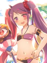 Rule 34 | 1girl, blush, breasts, gucchiann, highres, looking at viewer, misaki (princess connect!), multicolored eyes, open mouth, princess connect!, small breasts, swimsuit, twintails