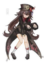 Rule 34 | 1girl, :p, absurdres, black coat, black footwear, black hat, black shorts, brown hair, coat, coattails, commentary request, flower, flower-shaped pupils, full body, genshin impact, ghost pose, hair between eyes, hat, hat flower, hat tassel, highres, hu tao (genshin impact), long hair, long sleeves, looking at viewer, orange pupils, red eyes, shorts, sketch, socks, solo, symbol-shaped pupils, tamayadayo, tassel, tongue, tongue out, translation request, twintails, white socks