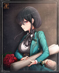 Rule 34 | 1girl, absurdres, black bow, black hair, black vest, borrowed character, bow, bowtie, brown background, collared shirt, commentary request, flower, framed, green jacket, hair between eyes, hair over shoulder, highres, holding, holding paper, jacket, long hair, long sleeves, looking at viewer, map, nape, open clothes, open jacket, open mouth, original, paper, red eyes, red flower, red rose, rolled up paper, rose, shirt, sidelocks, smile, twintails, upper body, vest, white flower, white rose, white shirt, yeni1871